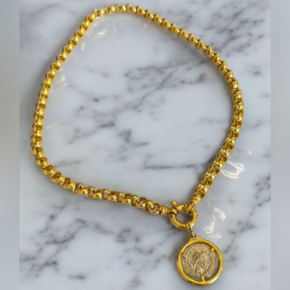 ***SOLD***Vintage 14k Yellow Gold 6mm Rolo Link Roman Coin Pendant Necklace! - Picture 11 of 16